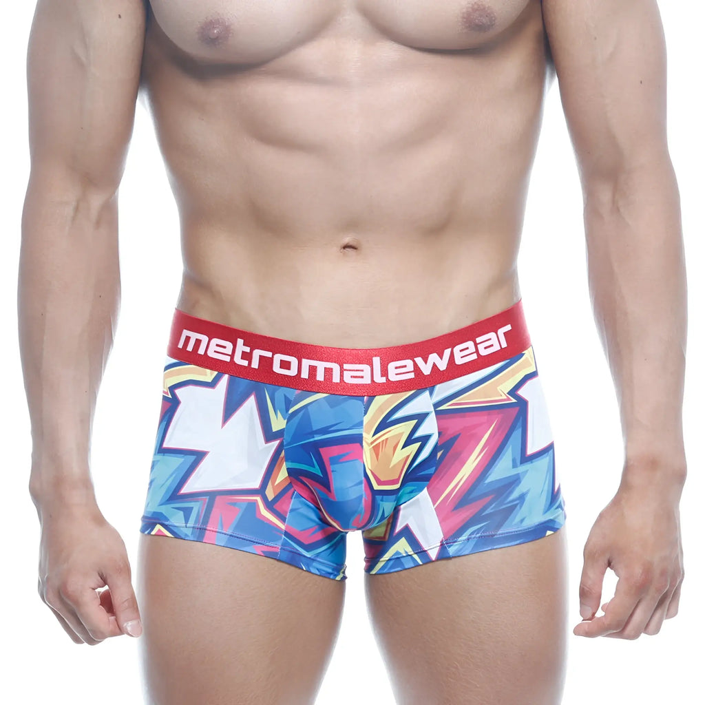 MetroMaleWear short boxer atractivo printed in vibrant blue pink and white with a red waistband logo