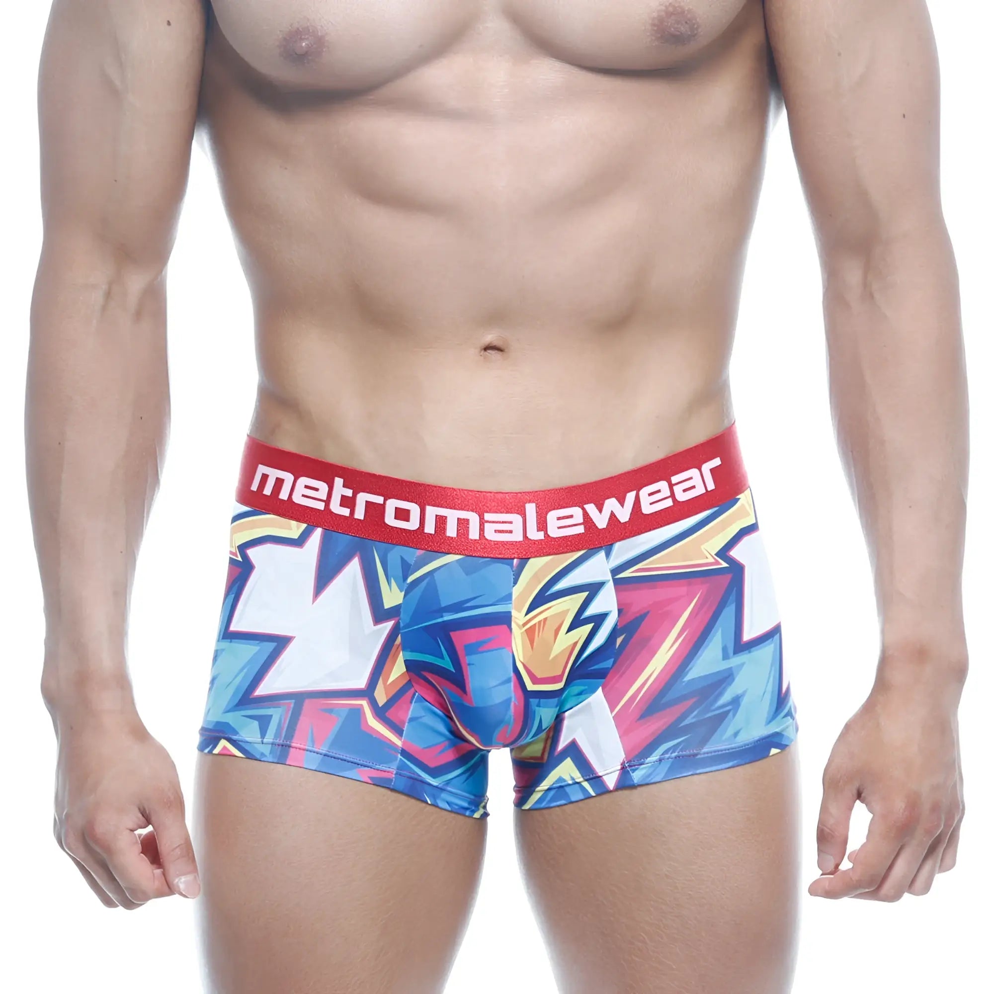 MetroMaleWear short boxer atractivo printed in vibrant blue pink and white with a red waistband logo