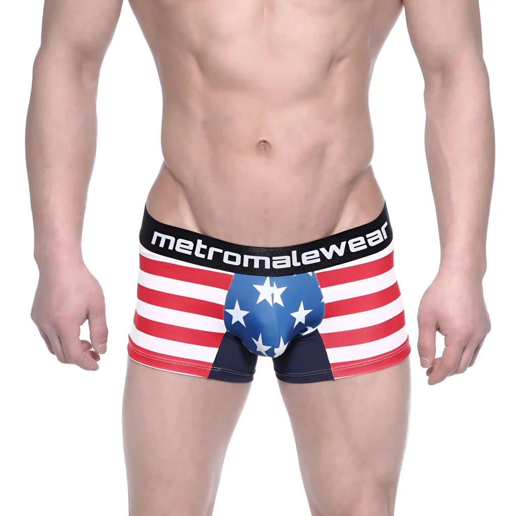Red white and blue American flag themed MetroMaleWear men’s boxer briefs with black waistband and logo branding