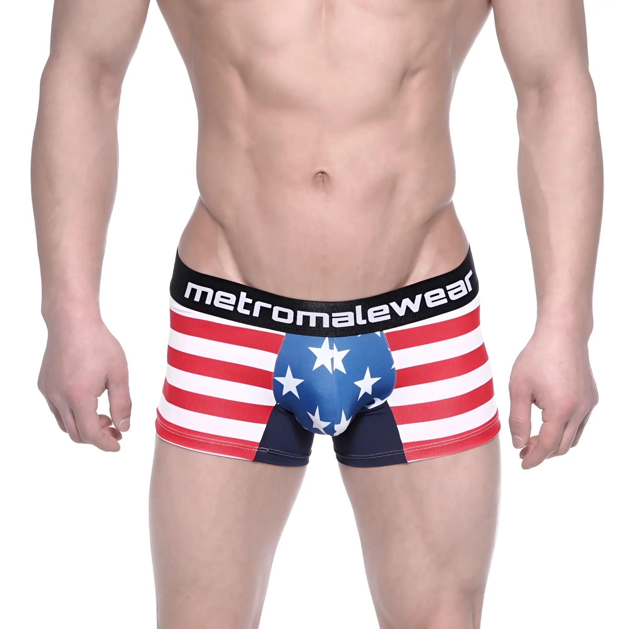 Red white and blue American flag themed MetroMaleWear men’s boxer briefs with black waistband and logo branding