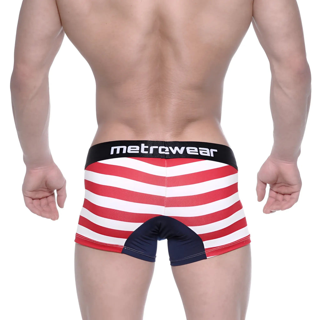 Red and white striped metroMaleWear short boxer briefs with black logo waistband and navy crotch accent Avengers 7 2022-93