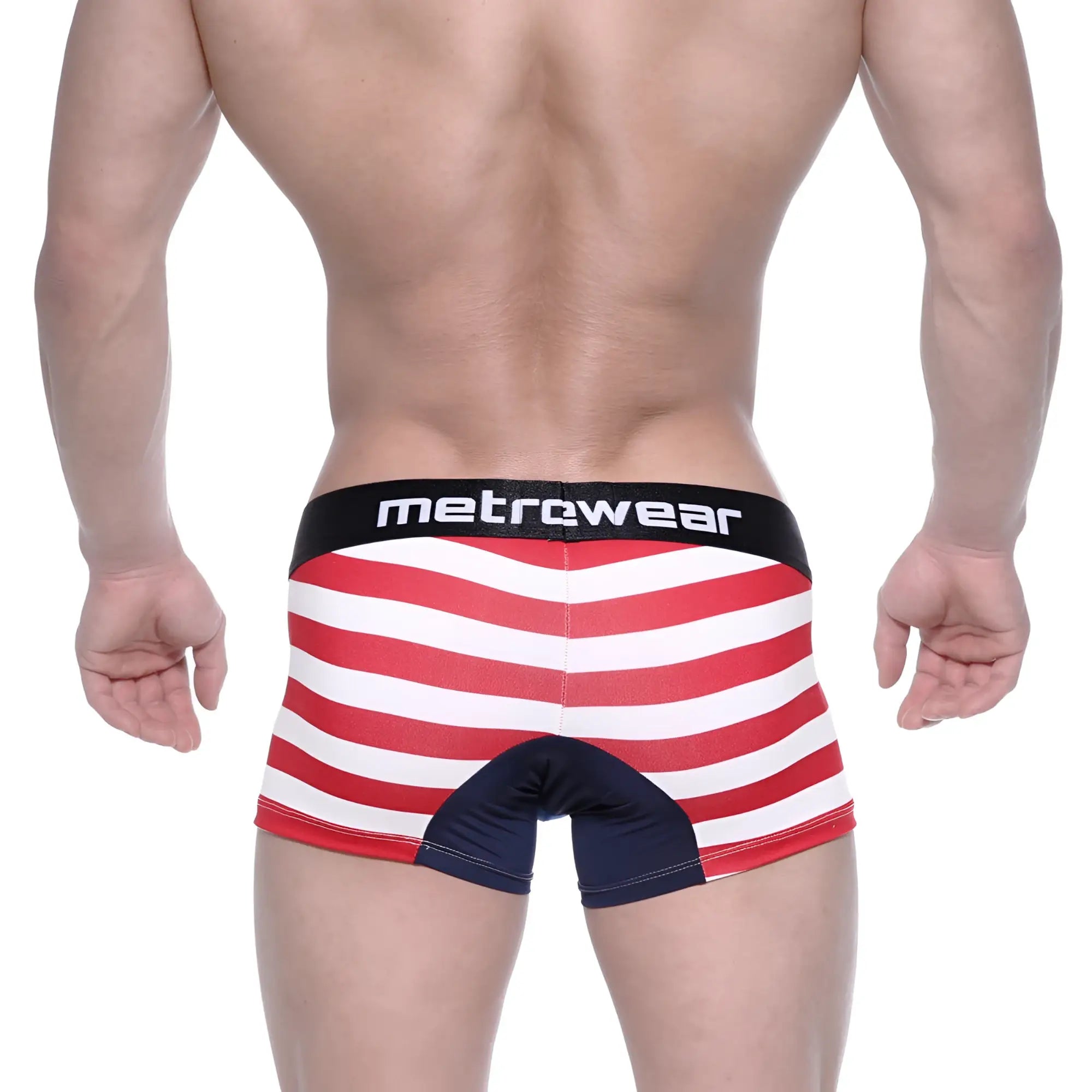 Red and white striped metroMaleWear short boxer briefs with black logo waistband and navy crotch accent Avengers 7 2022-93