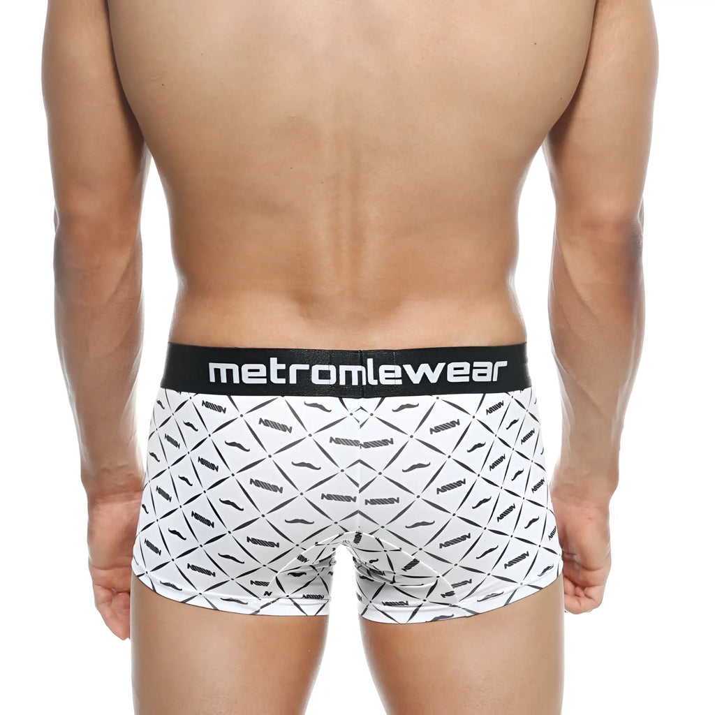 White boxer briefs with black geometric mustache pattern and metromalewear branded elastic waistband for men