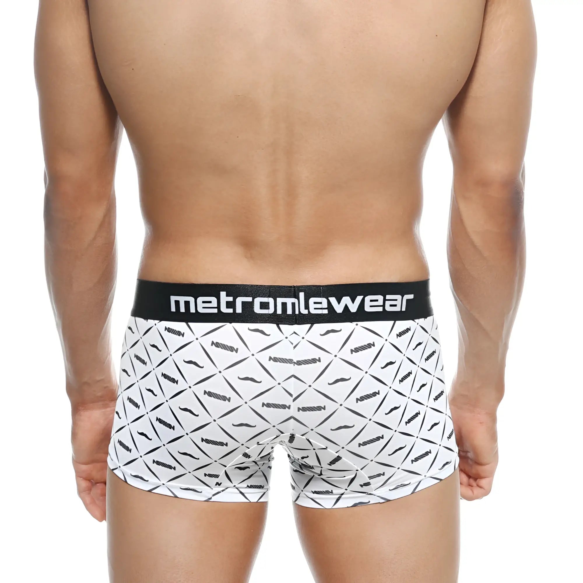 White boxer briefs with black geometric mustache pattern and metromalewear branded elastic waistband for men