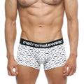 White men’s boxer briefs with black geometric and mustache pattern and metromalewear waistband metroMalewear Short Boxer Caballero 7 2022-03