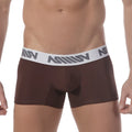 Brown mens boxer briefs with white elastic waistband featuring repeating gray logo metroMalewear short boxer coffee 7inch 2022-23