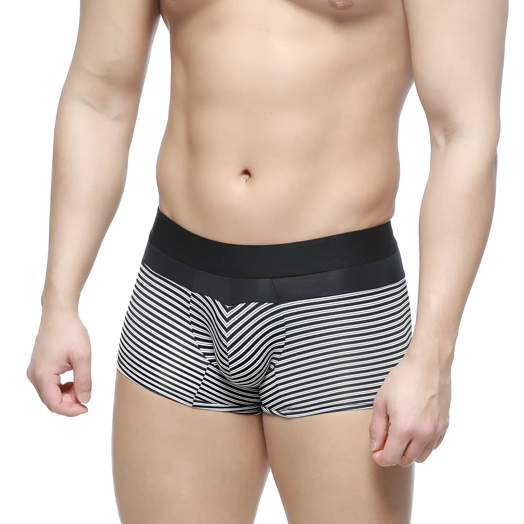 Black and white striped MetroMaleWear short boxer briefs with solid black elastic waistband 7 inch inseam