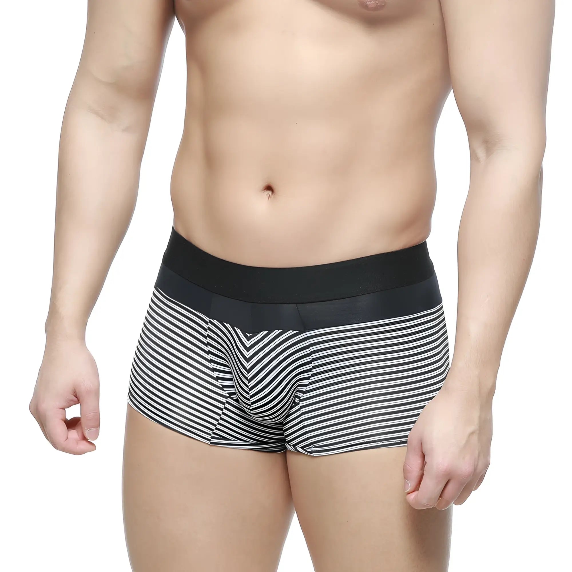 Black and white striped MetroMaleWear short boxer briefs with solid black elastic waistband 7 inch inseam