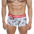 White boxer briefs with bold red and black floral pattern and solid red metromalewear branded waistband, MetroMaleWear Escobar 7 inch