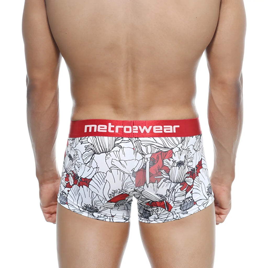 White and red floral patterned metro male wear short boxer escobar 7 inch with red waistband and metrowear branding
