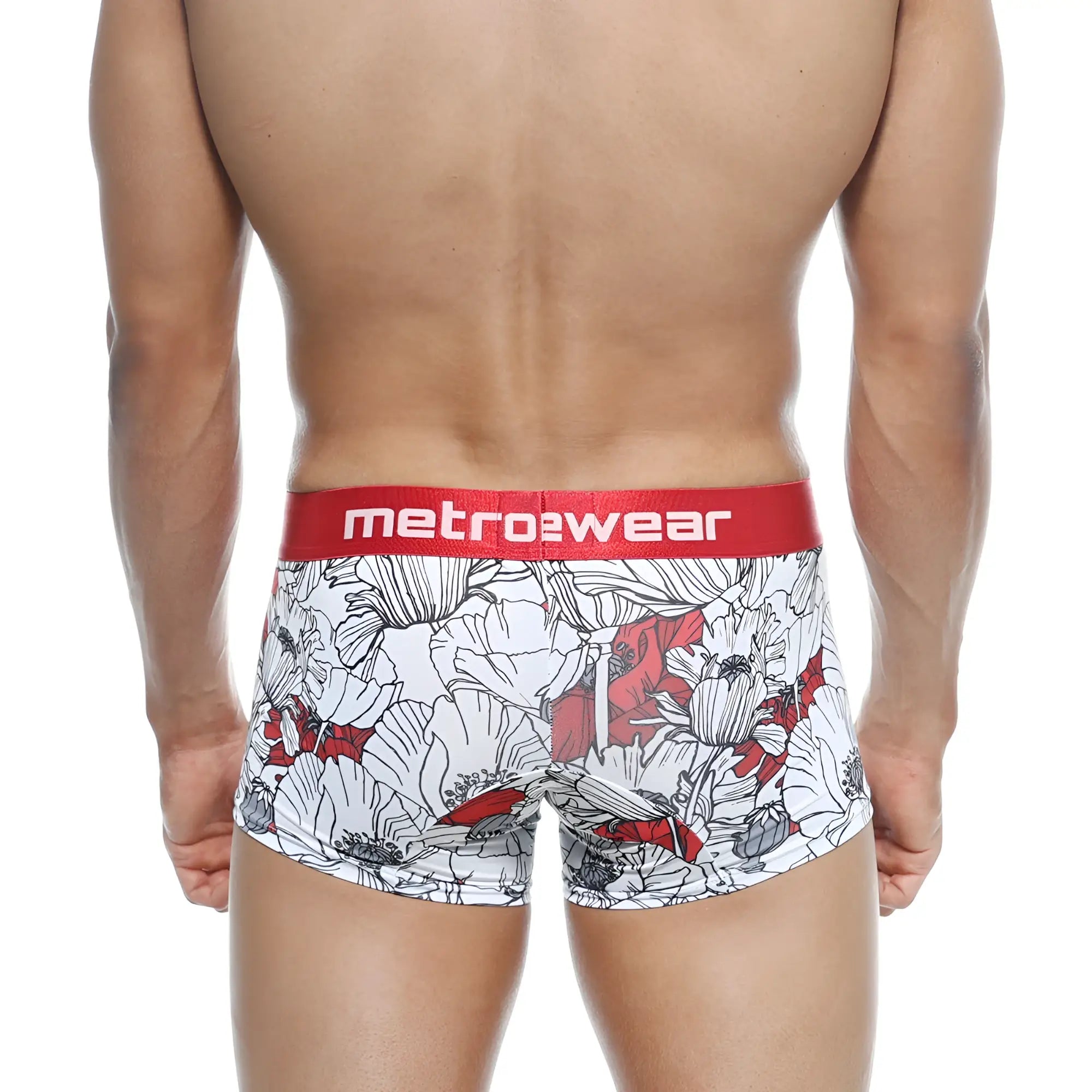 White and red floral patterned metro male wear short boxer escobar 7 inch with red waistband and metrowear branding