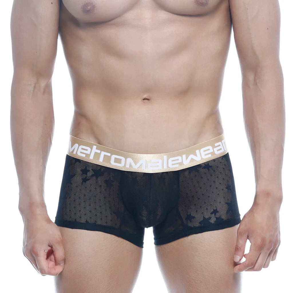 Black lace men’s briefs with gold metromalewear waistband in metro malewear short boxer estella 7인치 2022-73 design