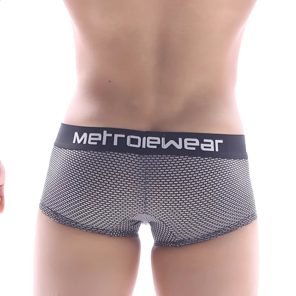 Black and gray mesh briefs with a black metrowear logo waistband metroMalewear short boxer honeycomb coffee 7 inch 2022-83
