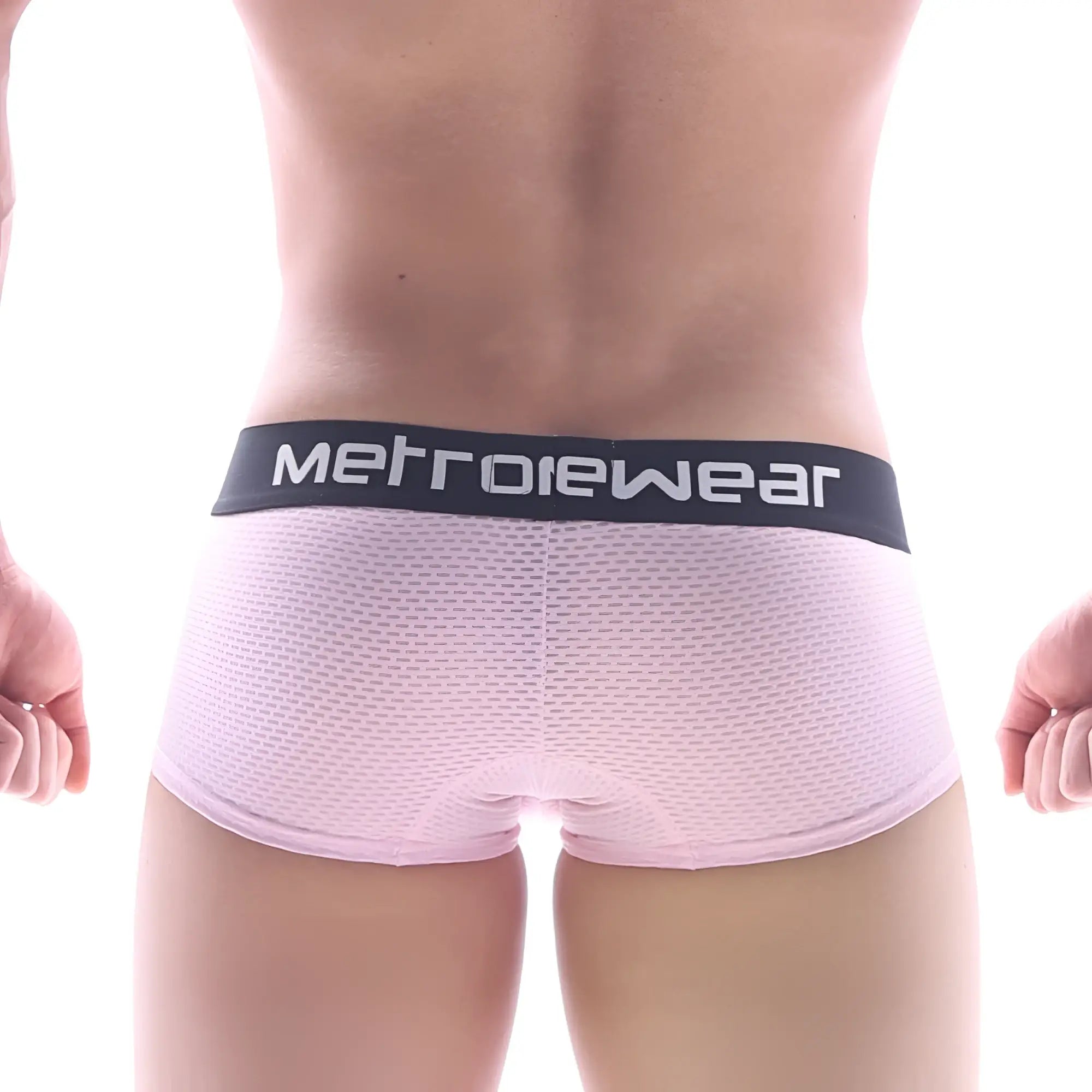 Pink mesh briefs with black metrowear waistband in honeycomb pattern metro malewear short boxer 7 inch 2022 84