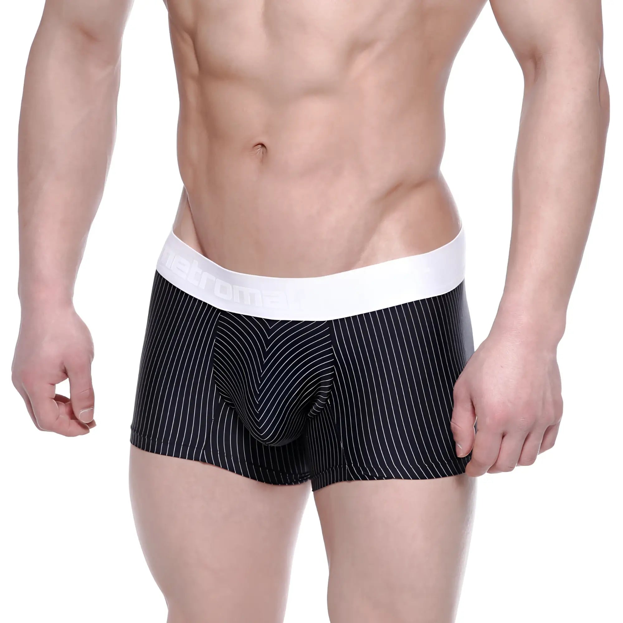 Black pinstripe MetroMaleWear short boxer briefs with white elastic waistband Lucas 7인치 2022-43 product image