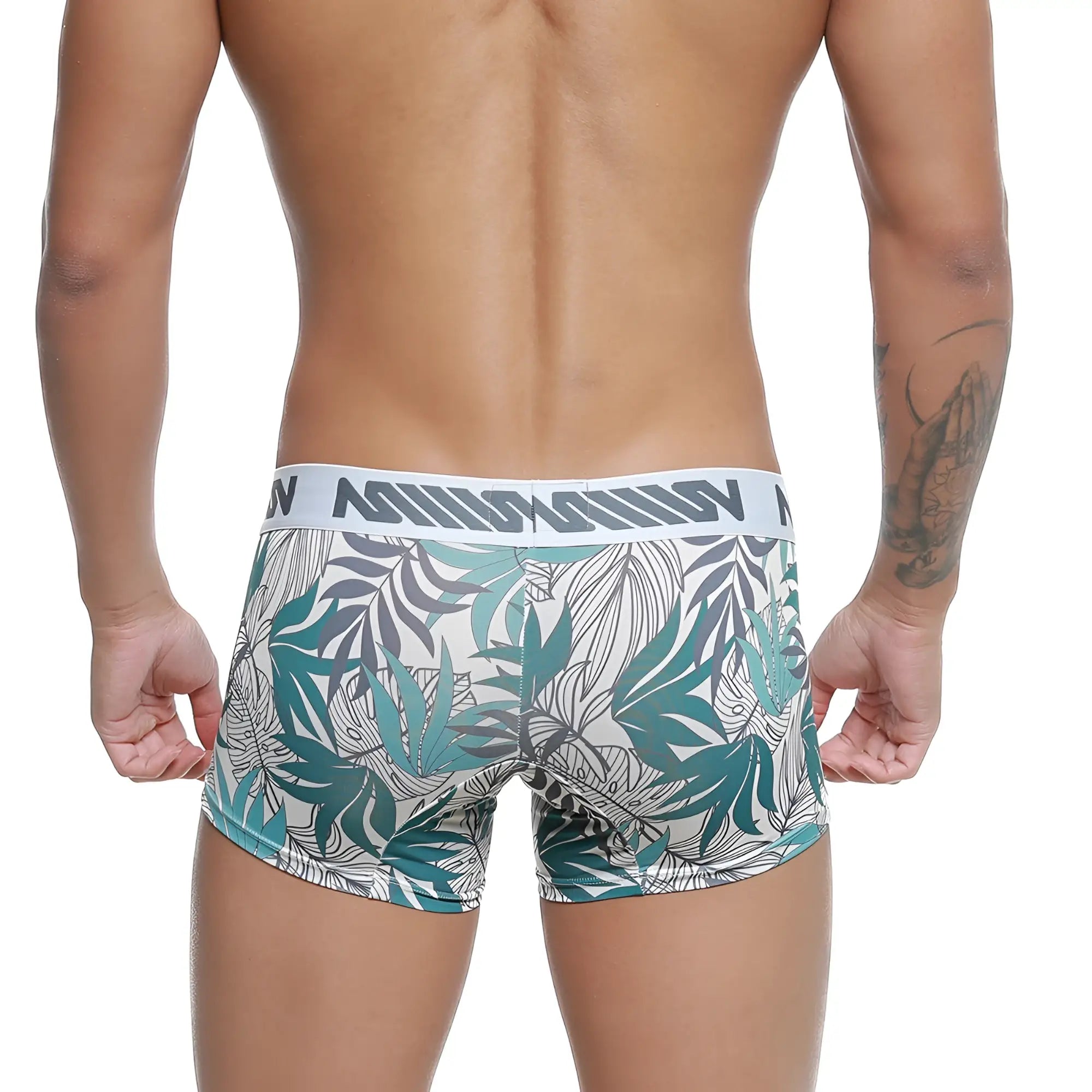 Men’s metroMalewear short boxer meadow 7 inch in teal gray and white tropical leaf pattern with branded waistband