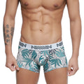 Teal and gray leaf-patterned metro malewear short boxer briefs with white elastic waistband and black branding