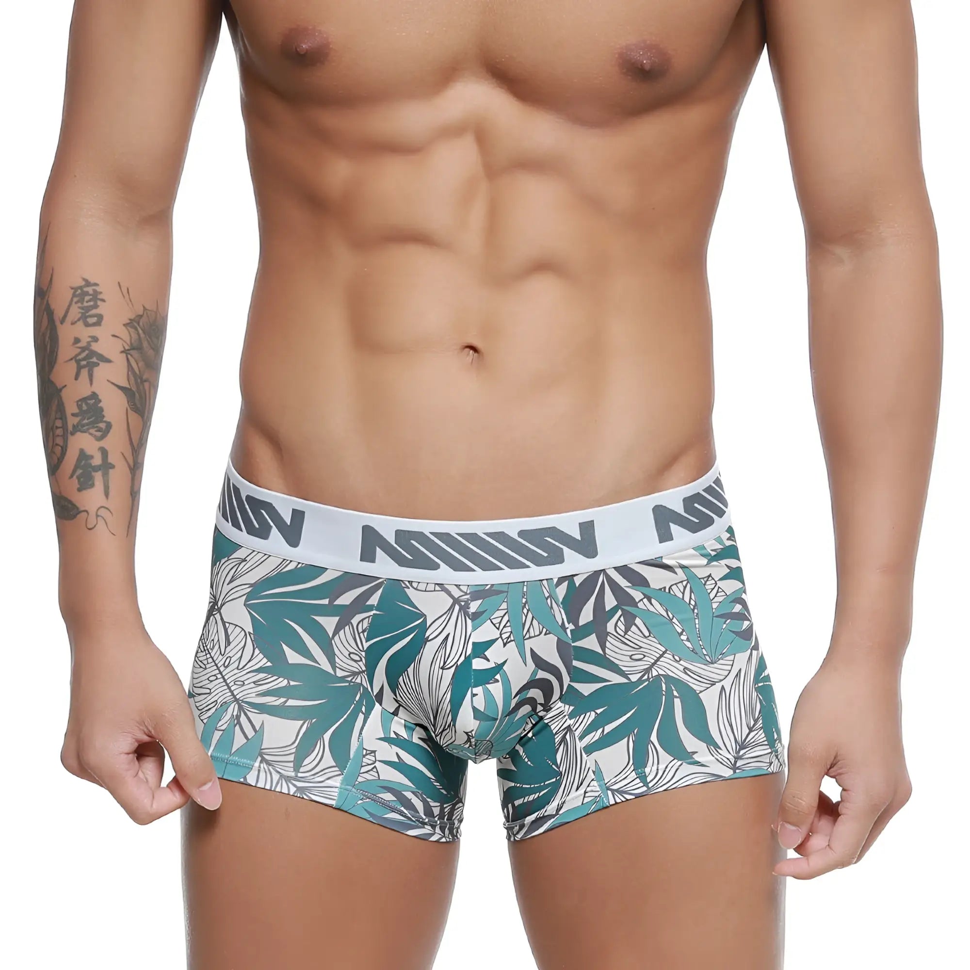 Teal and gray leaf-patterned metro malewear short boxer briefs with white elastic waistband and black branding