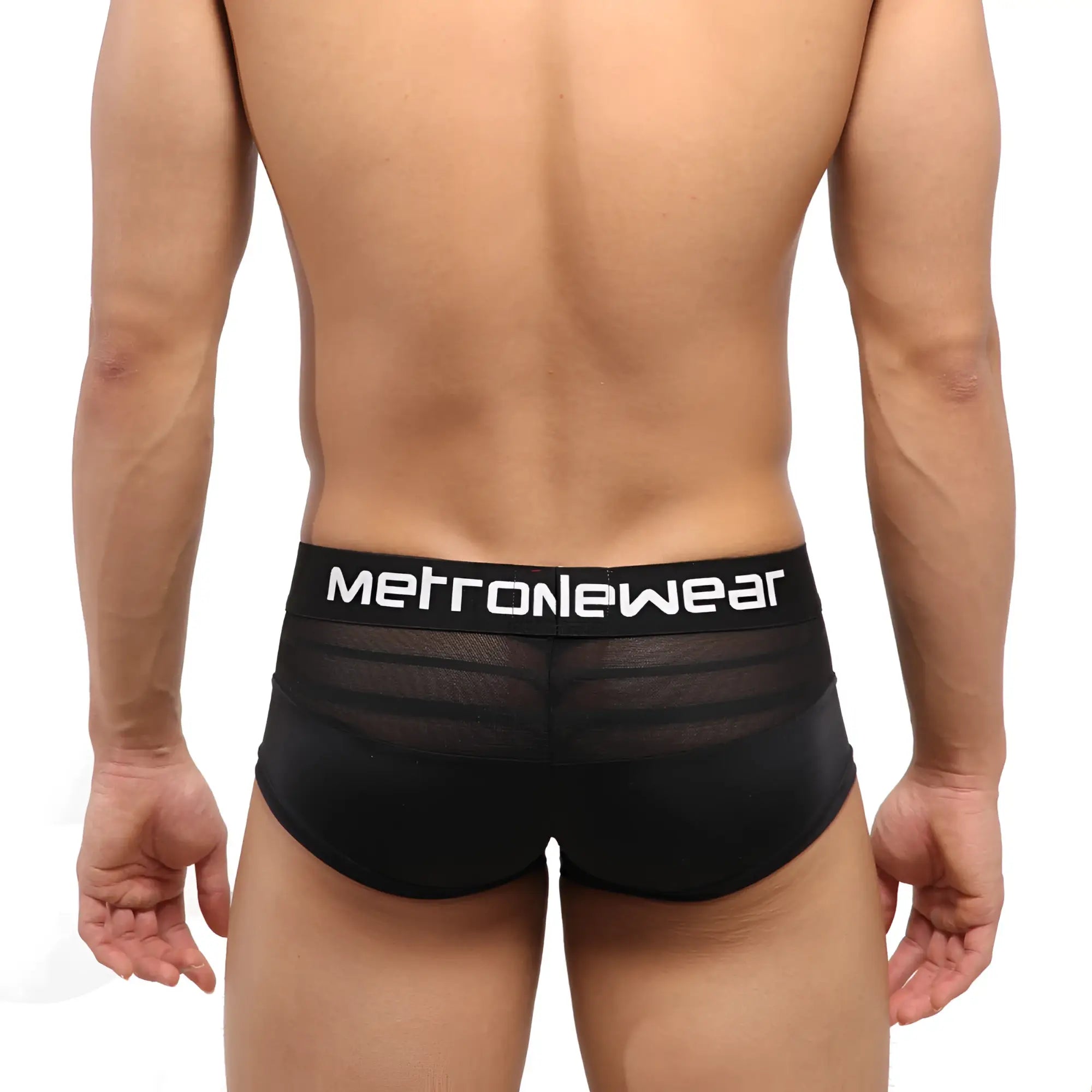 Black mesh briefs with a solid black waistband featuring the metronewear logo from MetroMaleWear 2026-50 product