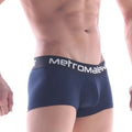 Navy blue men’s briefs with black elastic waistband and white metromale branding metroMalewear short boxer 7 inch
