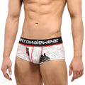 White briefs with newspaper print design black and red trim and retromalewear waistband metroMaleWear short boxer