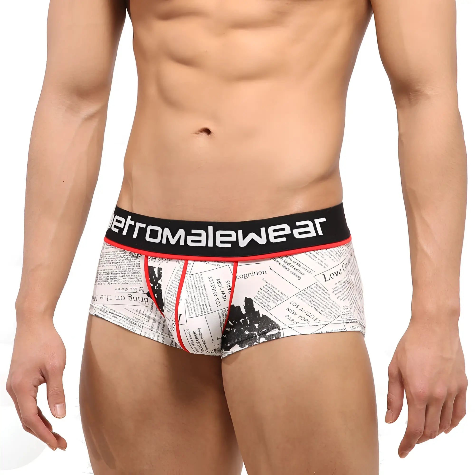 White briefs with newspaper print design black and red trim and retromalewear waistband metroMaleWear short boxer