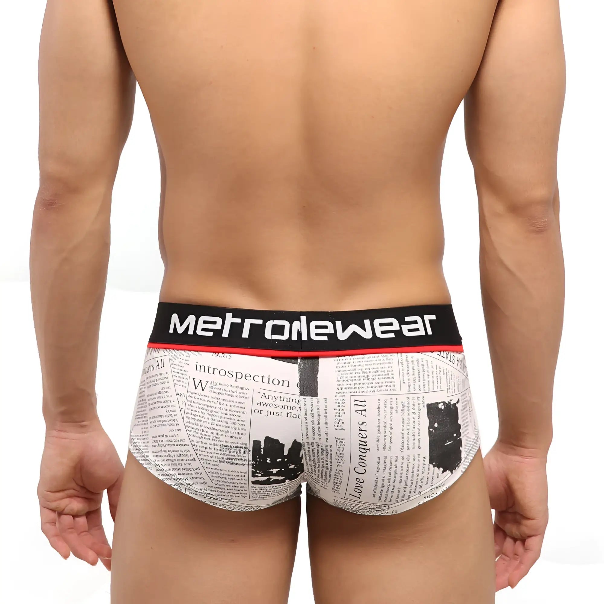 White briefs with newspaper print and black metrowear waistband featured in metro male wear short boxer periodico 2026-72