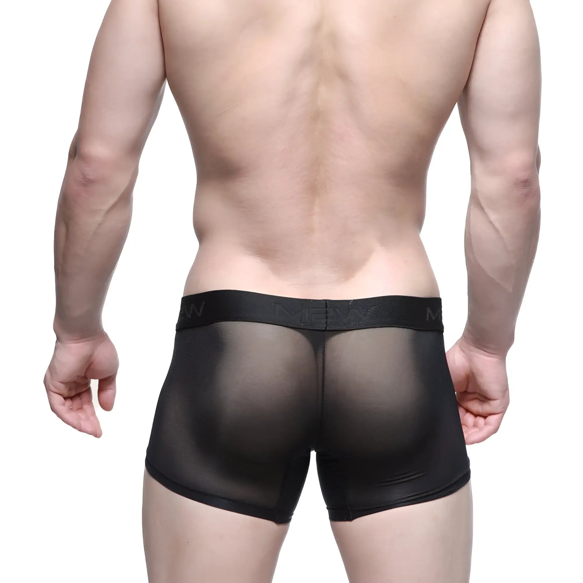 Black sheer mesh boxer briefs with a solid black elastic waistband featuring the men logo metroMaleWear Short Boxer Senda 7 inch