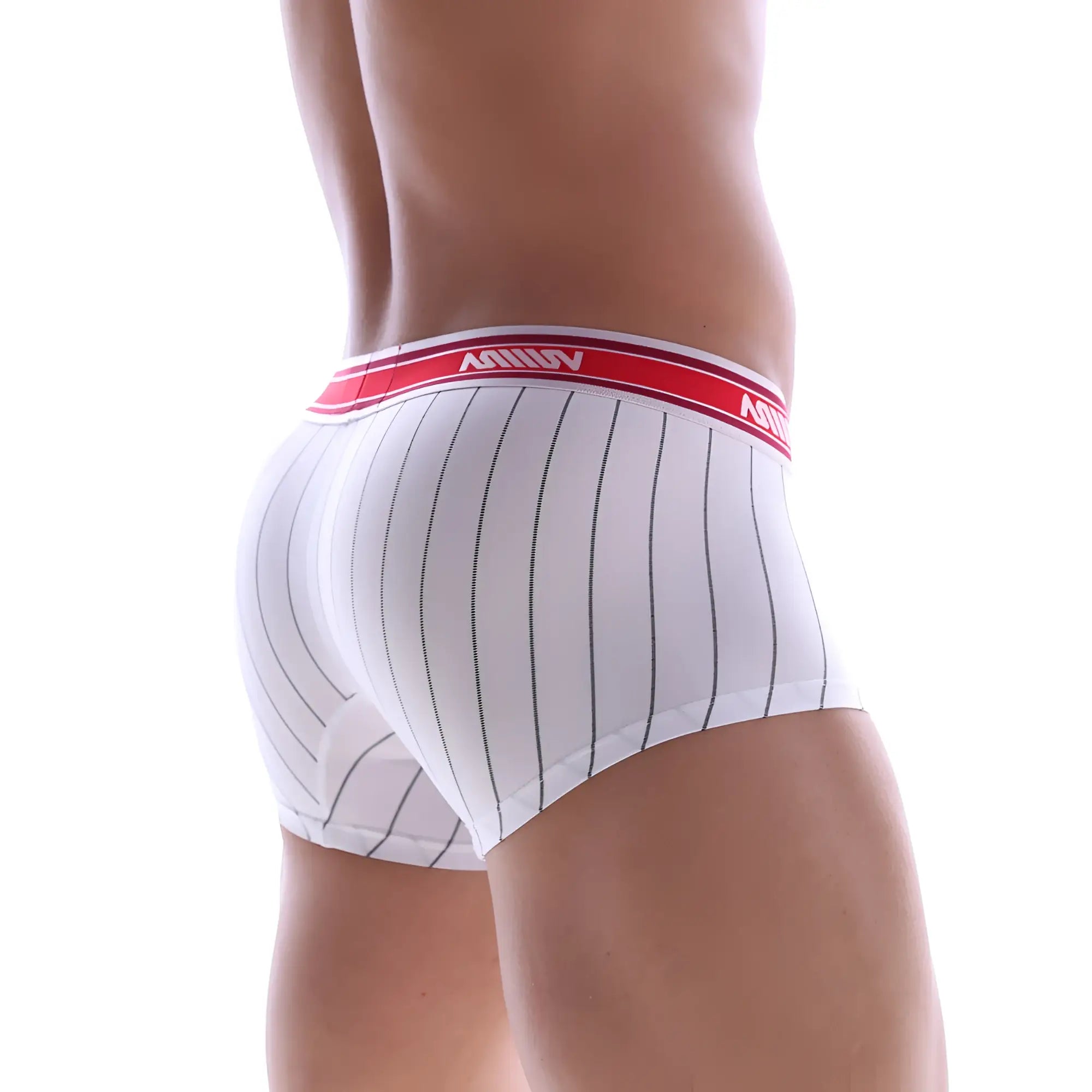 White men’s briefs with black vertical stripes and a red vivi waistband metroMalewear short boxer stripe 7 2022-71