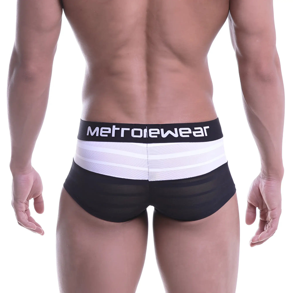 Black and white striped men’s briefs with mesh fabric waistband and metrowear brand name in metroMalewear short boxer stripe black 2026-30