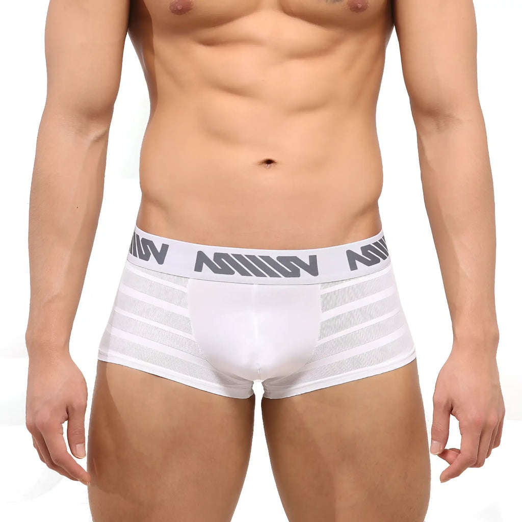 MetroMaleWear short boxer stripe white men’s boxer briefs with gray elastic waistband and mesh side panels