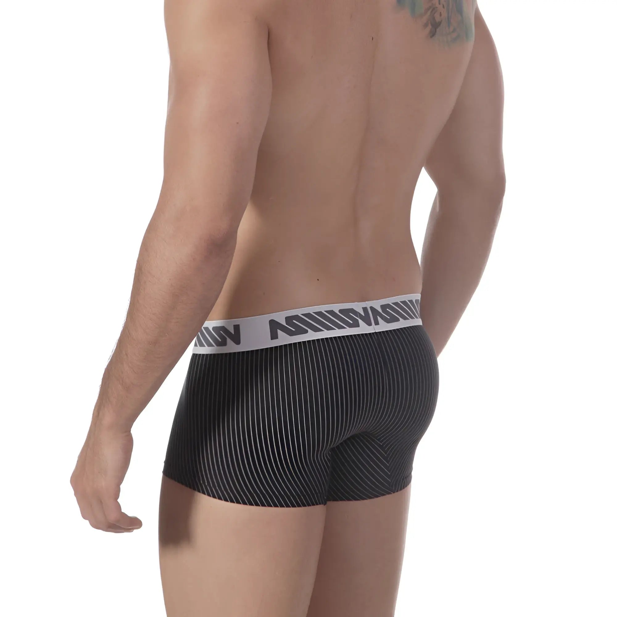 Black pinstripe boxer briefs with a white elastic waistband featuring MetroMaleWear branding in bold black letters