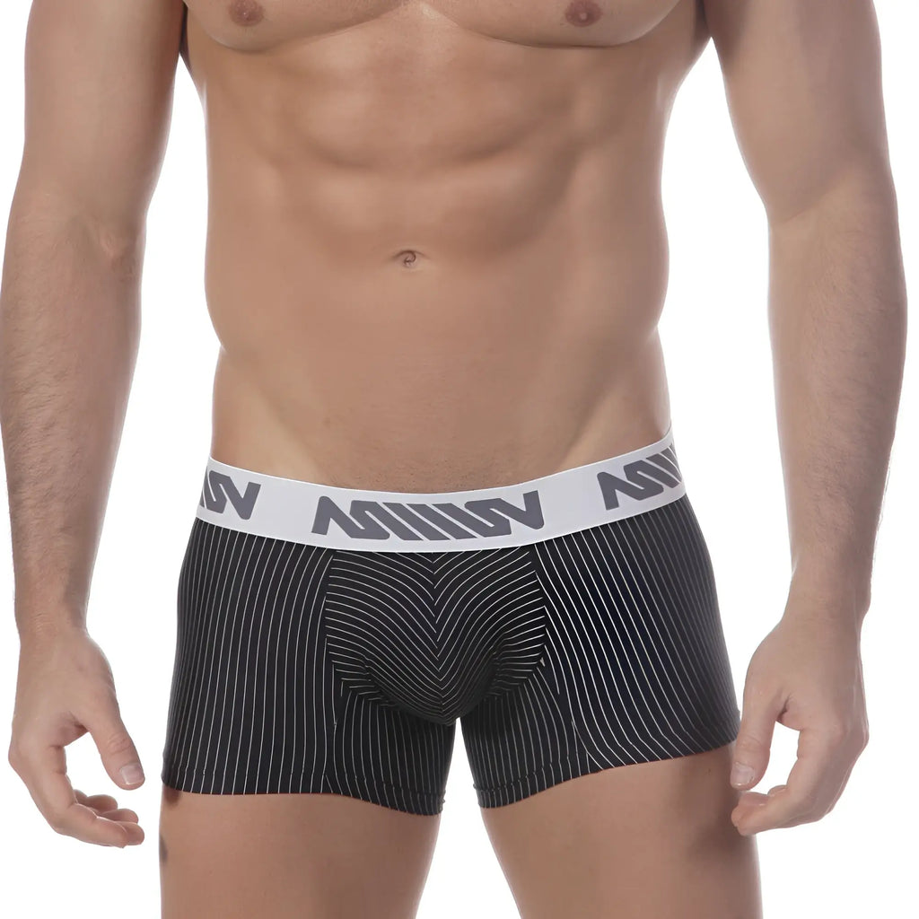 Black and white pinstripe boxer briefs with branded elastic waistband from MetroMaleWear short boxer supremo 7 inch 2022-42