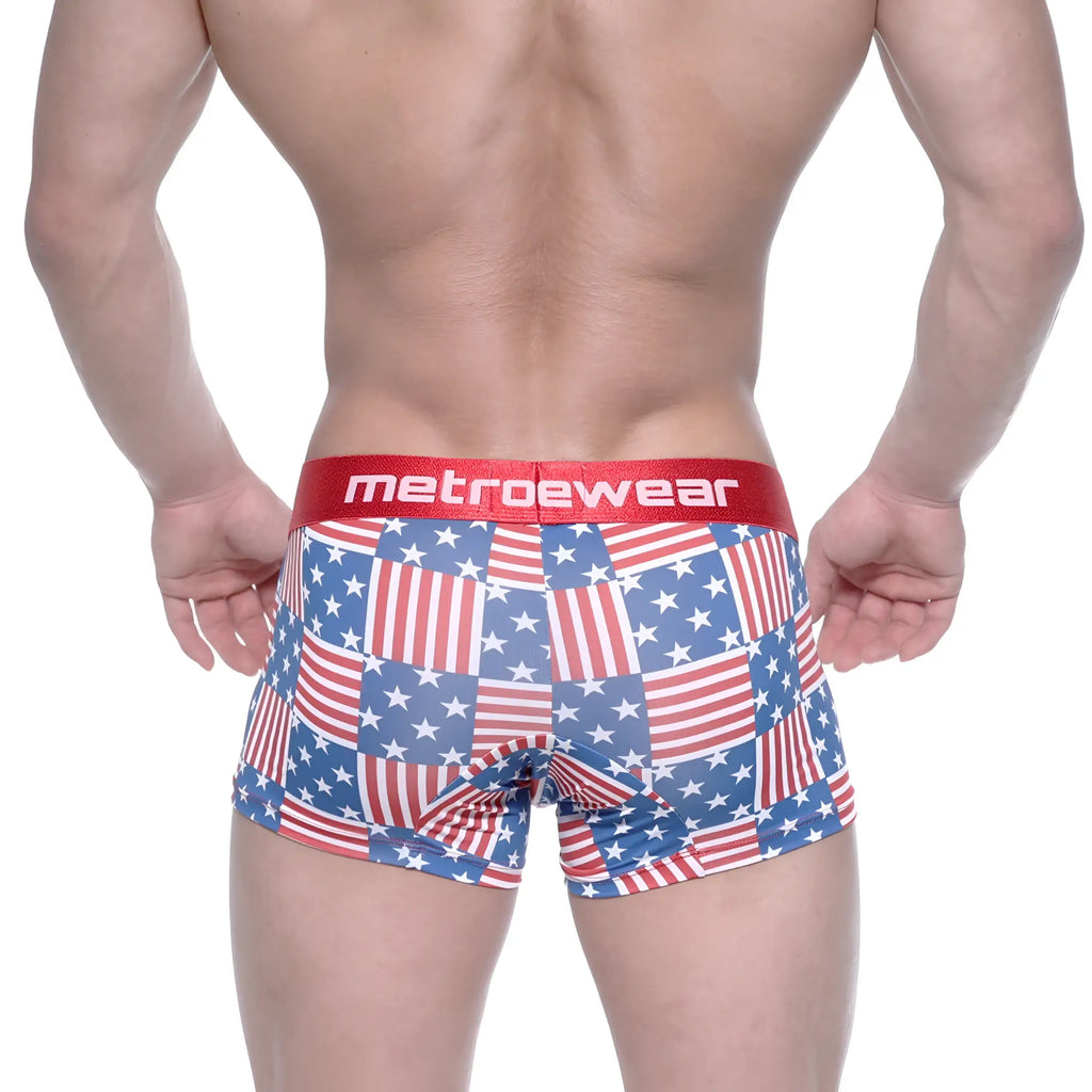 MetroMaleWear short boxer usa 7 inch red white and blue american flag patchwork pattern with red waistband