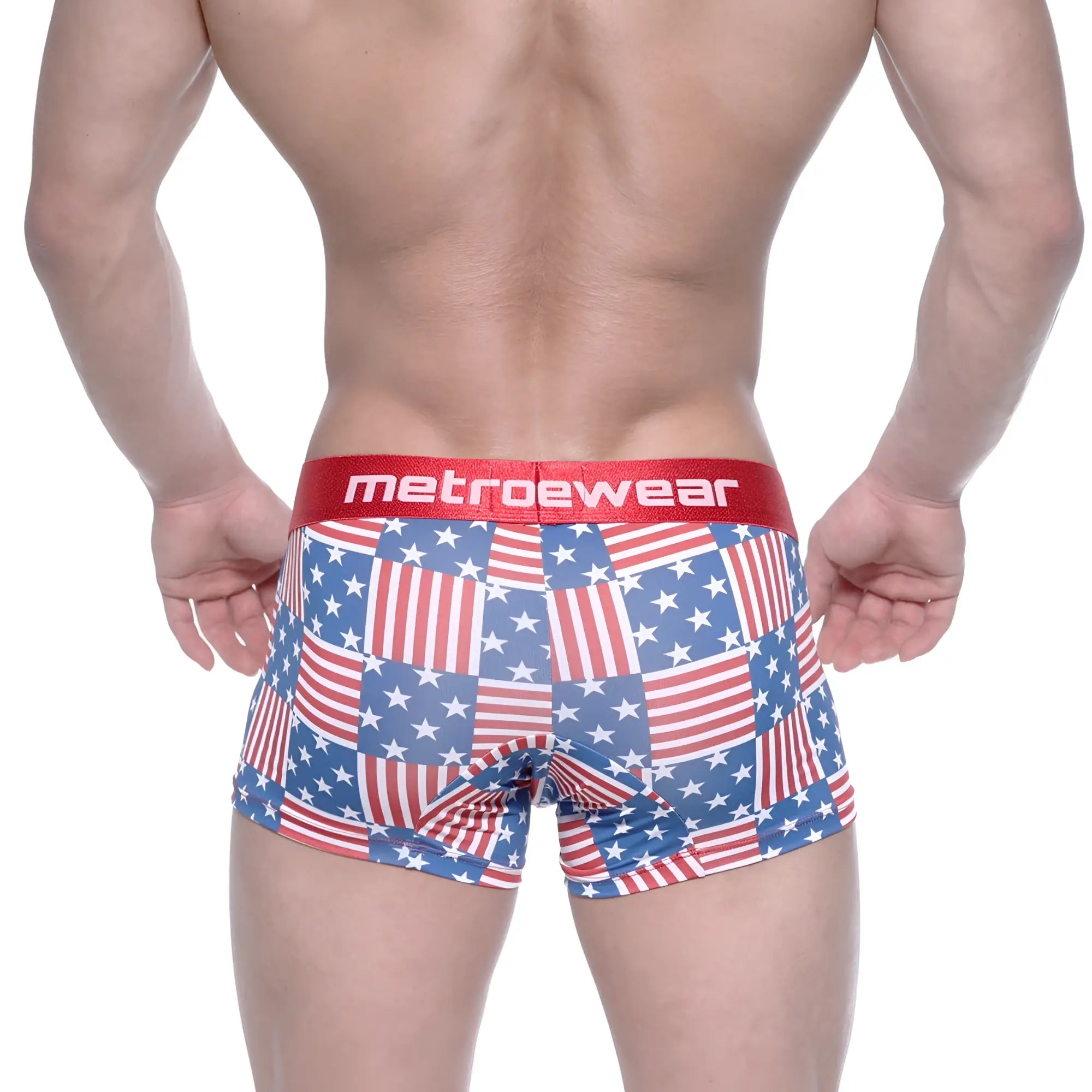 MetroMaleWear short boxer usa 7 inch red white and blue american flag patchwork pattern with red waistband