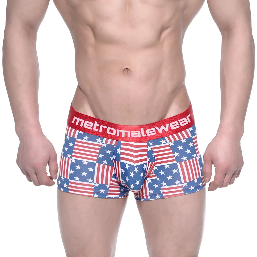 Red white and blue american flag patterned briefs with red elastic waistband branded metromalewear metro male wear 7 inch