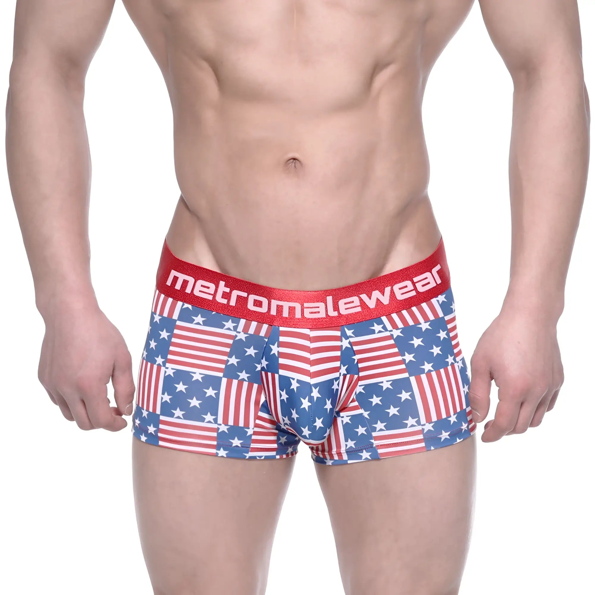Red white and blue american flag patterned briefs with red elastic waistband branded metromalewear metro male wear 7 inch