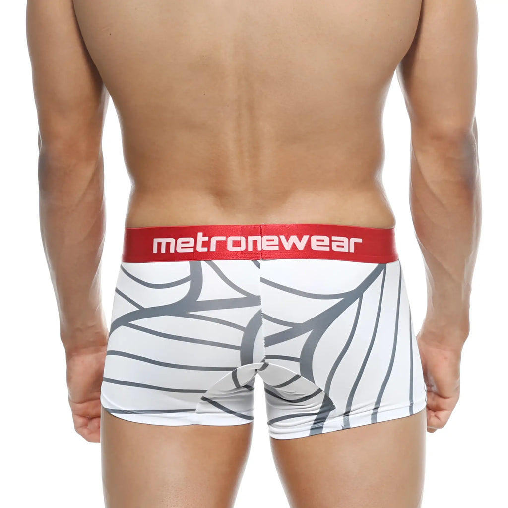 White boxer briefs with gray abstract leaf pattern and red metronewear waistband metroMaleWear short boxer web 7 2022-40
