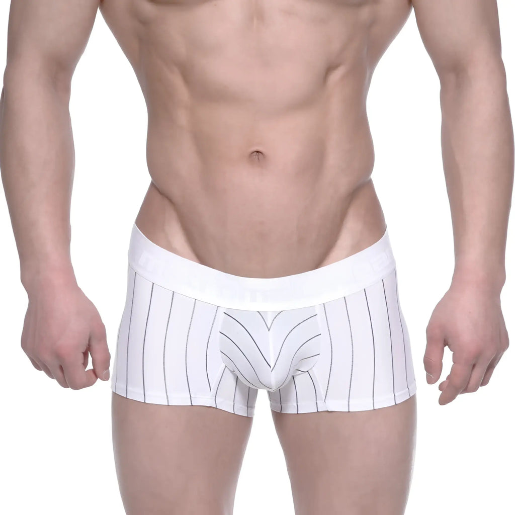 White boxer briefs with thin black vertical stripes and a matching elastic waistband from MetroMaleWear 2022-72
