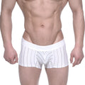 White boxer briefs with thin black vertical stripes and a matching elastic waistband from MetroMaleWear 2022-72
