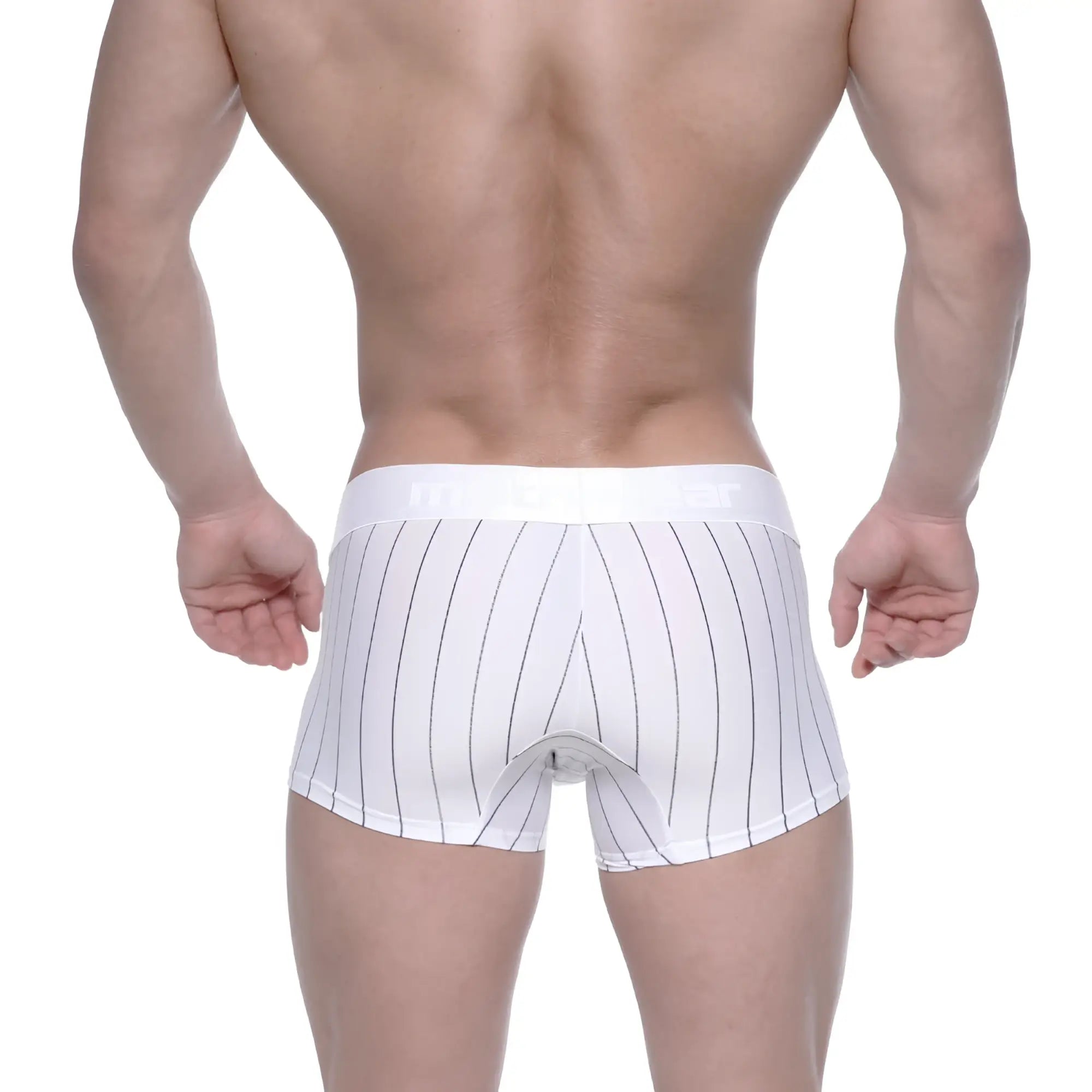 White boxer briefs with thin black vertical stripes and matching elastic waistband from MetroMaleWear short boxer 2022-72