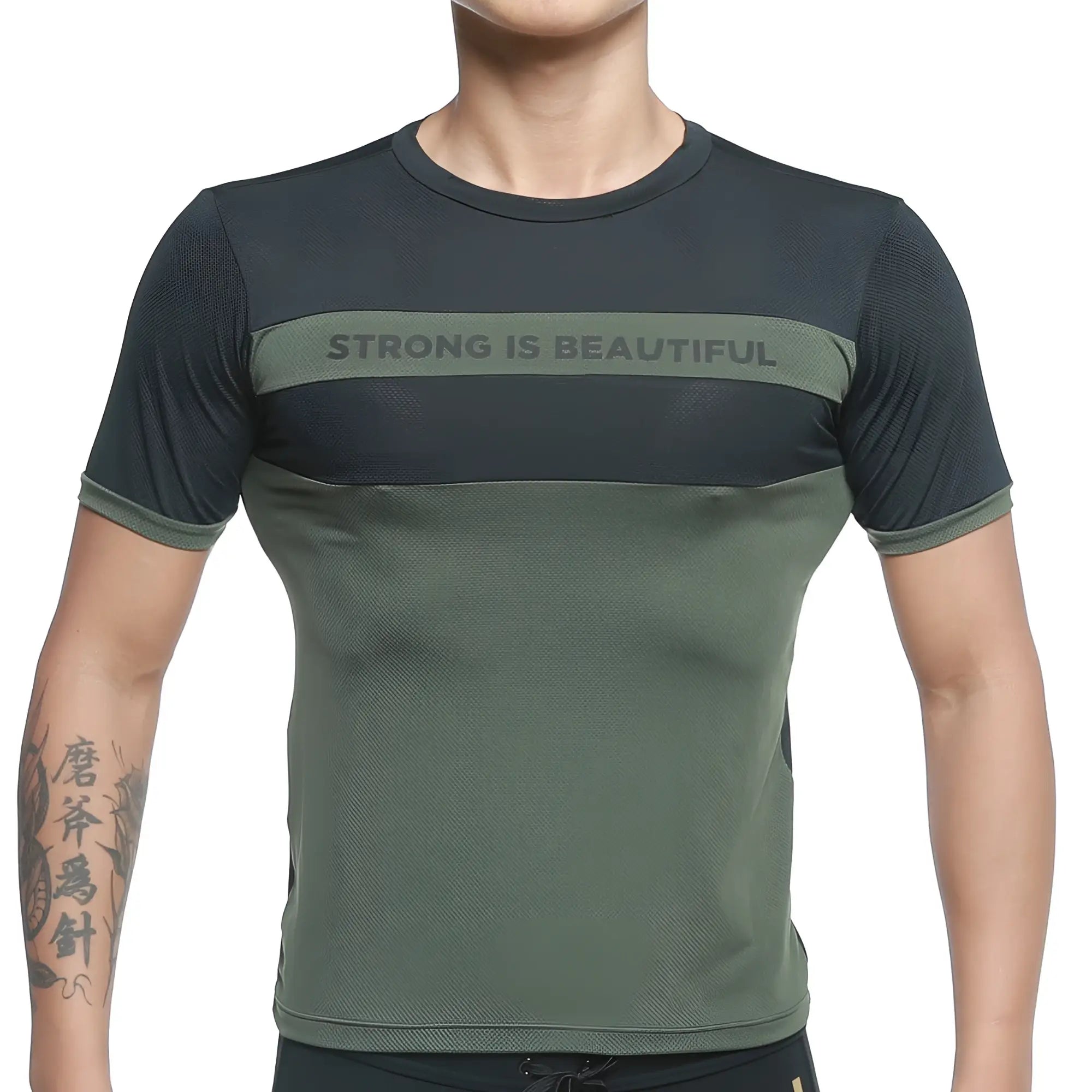 MetroMaleWear SIB tank top green 4127-26 dark green and black athletic short sleeve t-shirt with mesh panel and strong is beautiful text