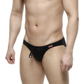 MetroMaleWear silicon swim bikini black satin swim trunks with drawstring waistband and small red logo on the side
