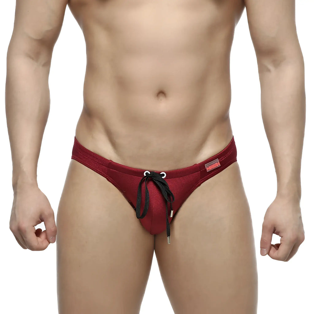 Red mesh silicon swim bikini burgundy with black drawstring ties by metromalewear designed for swimming and beachwear