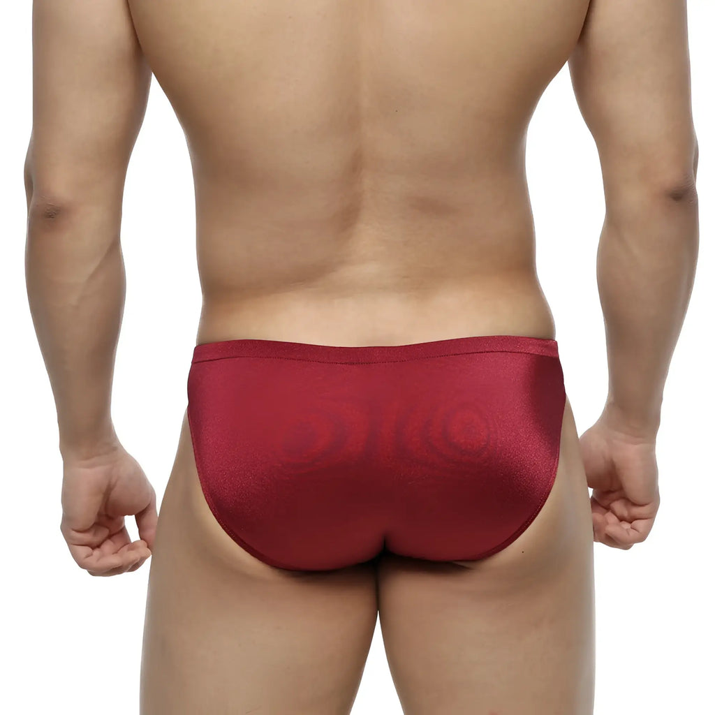 MetroMaleWear silicon swim bikini in burgundy with a sleek, form-fitting metallic design for men’s swimwear