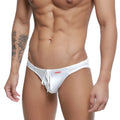 White swim trunks with drawstring waistband and small red MetroMaleWear brand tag from silicon swim bikini crystal line