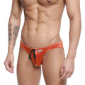 Orange metro male wear silicon swim bikini with black drawstring and white logo on waistband for swimming