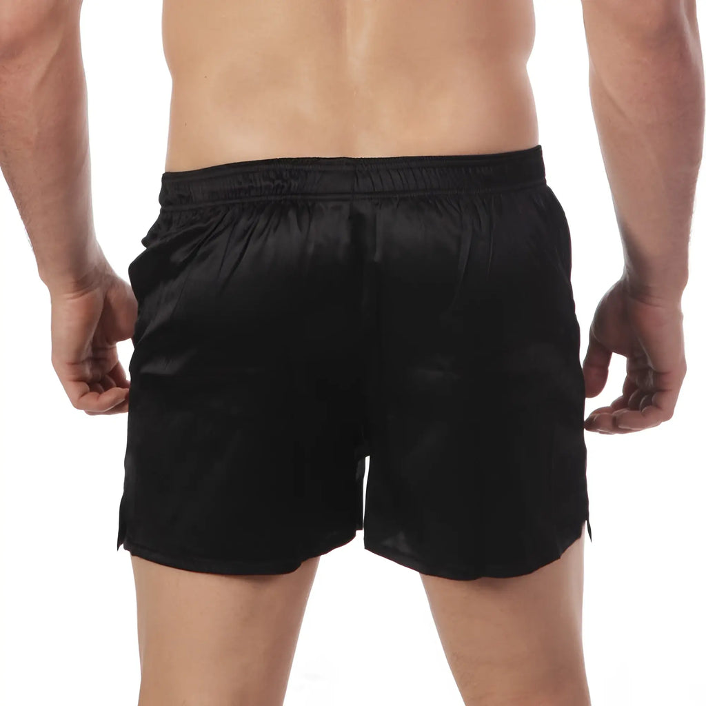 Metro male wear silk satin boxer black s33-20 featuring black satin shorts with glossy finish and elastic waistband