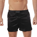 Black satin boxer shorts with subtle sheen and metromalewear embroidered waistband in silk satin black s33-20 style