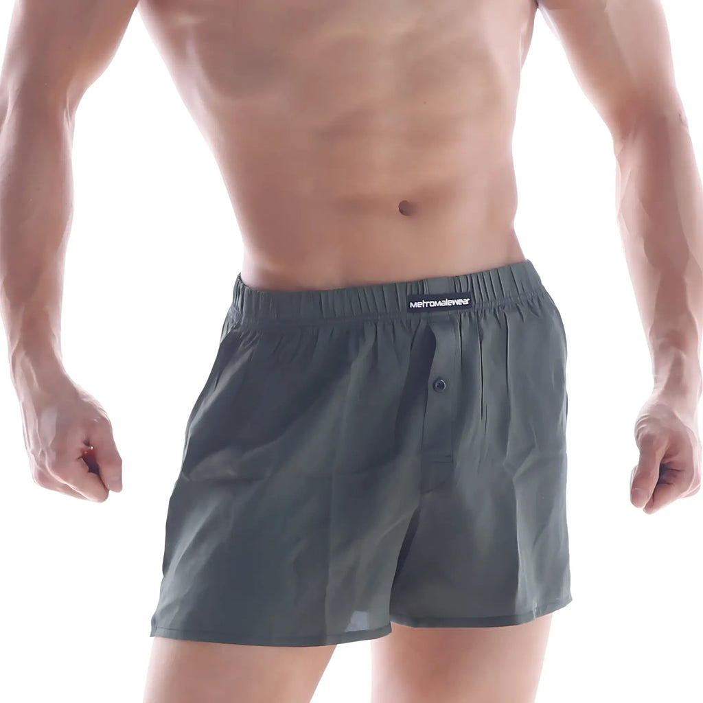 Dark gray cotton metroMalewear boxers with black elastic waistband and front button for comfortable everyday wear